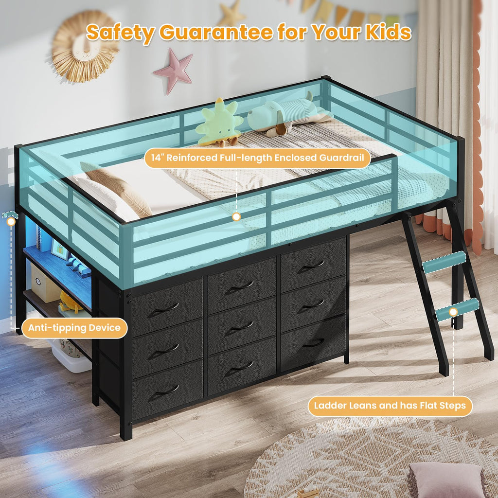 Twin Size Loft Bed with 9 Storage Drawers E51482
