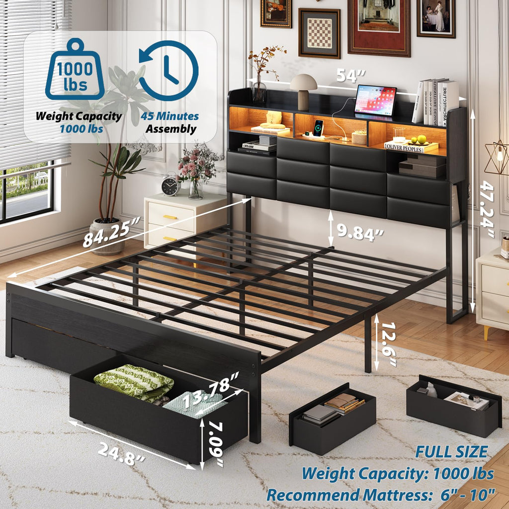 Black Upholstered Bed Frame with Storage Headboard, 4 Drawers, LED Lights, and Charging Station D792