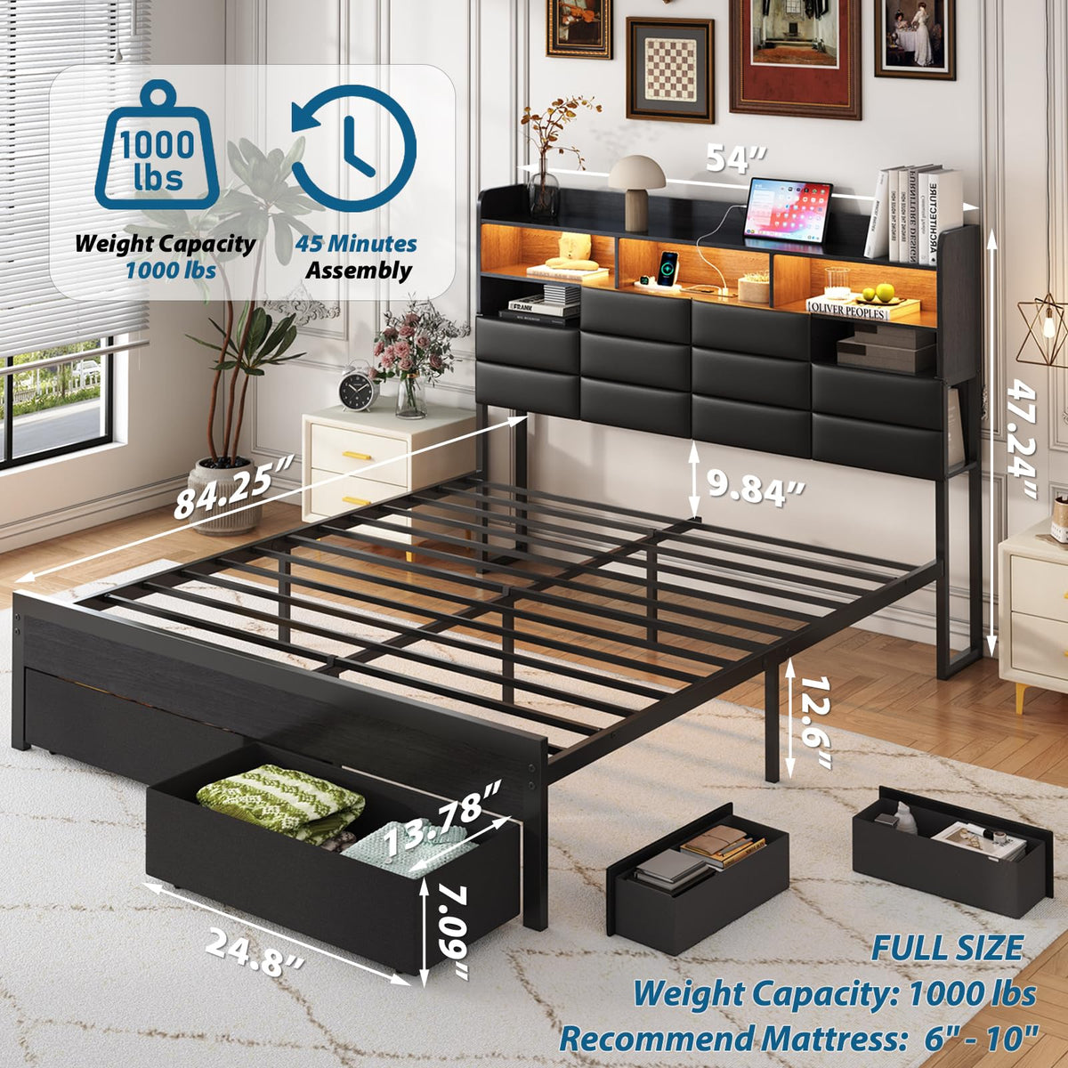 Black Upholstered Bed Frame with Storage Headboard, 4 Drawers, LED Lights, and Charging Station D792