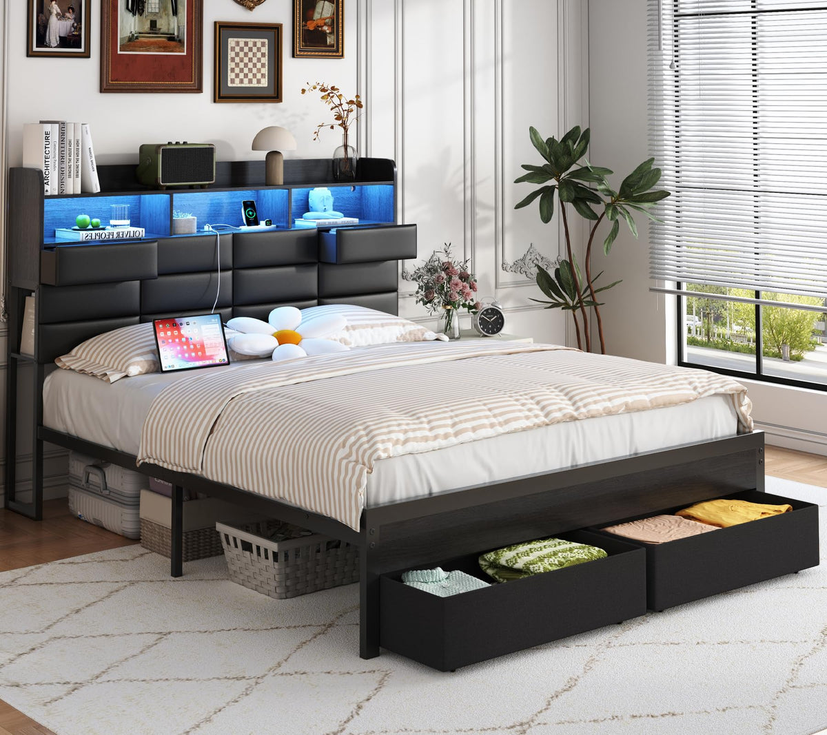 Black Upholstered Bed Frame with Storage Headboard, 4 Drawers, LED Lights, and Charging Station D792