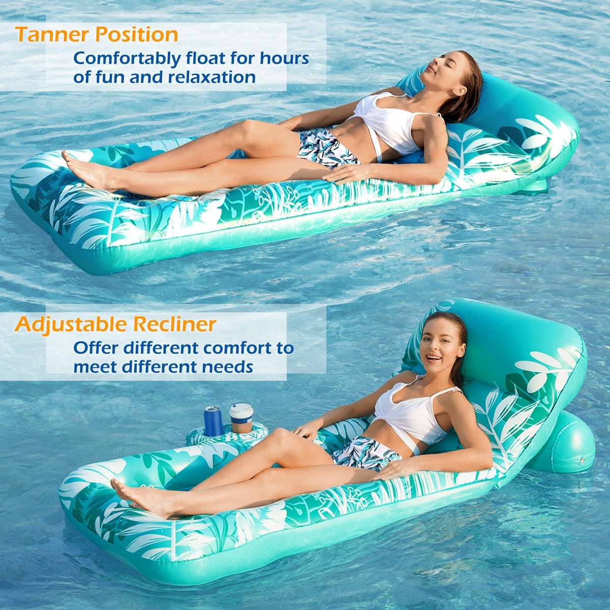 Inflatable Pool Float Lounger with Adjustable Backrest Cup Holders X668644