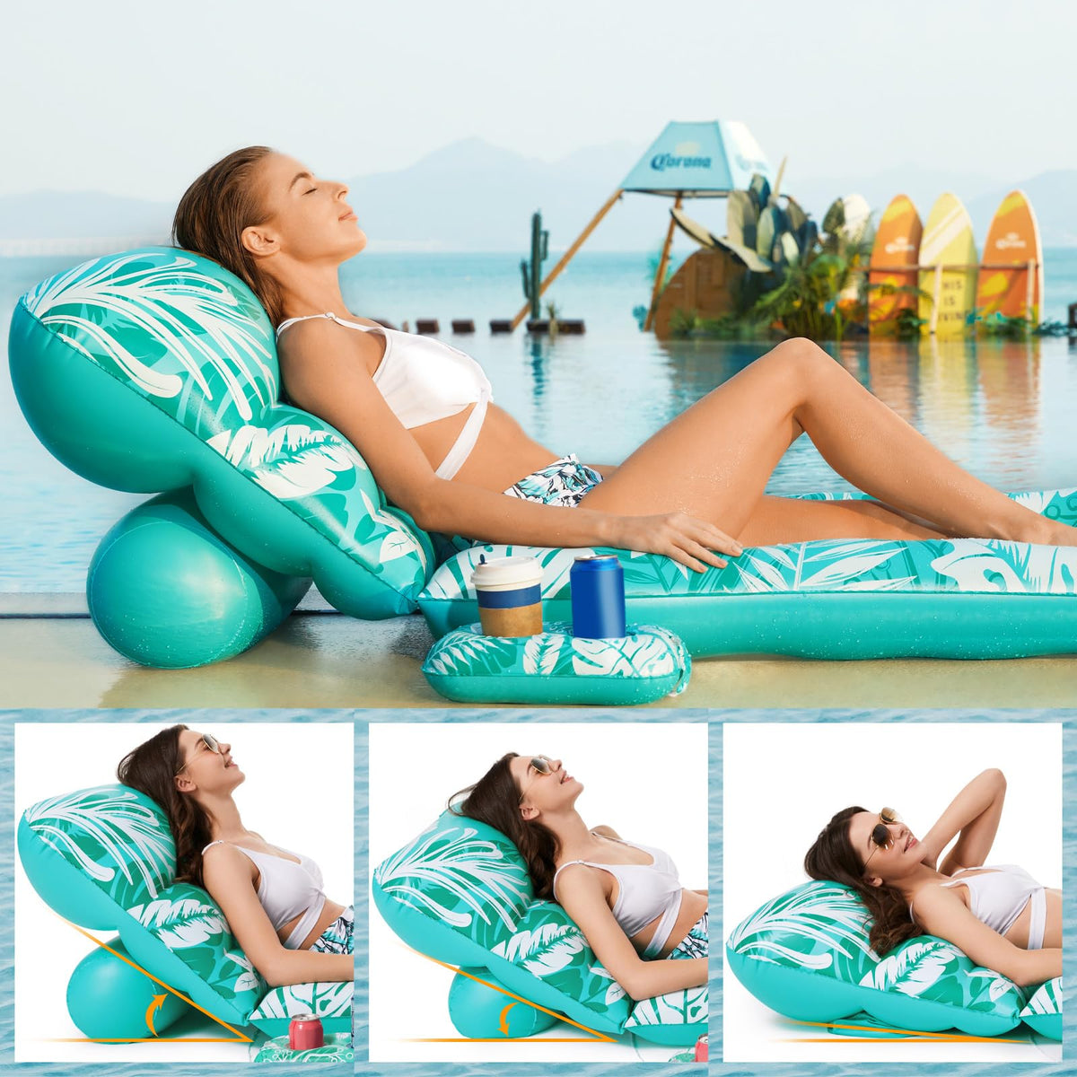 Inflatable Pool Float Lounger with Adjustable Backrest Cup Holders X668644