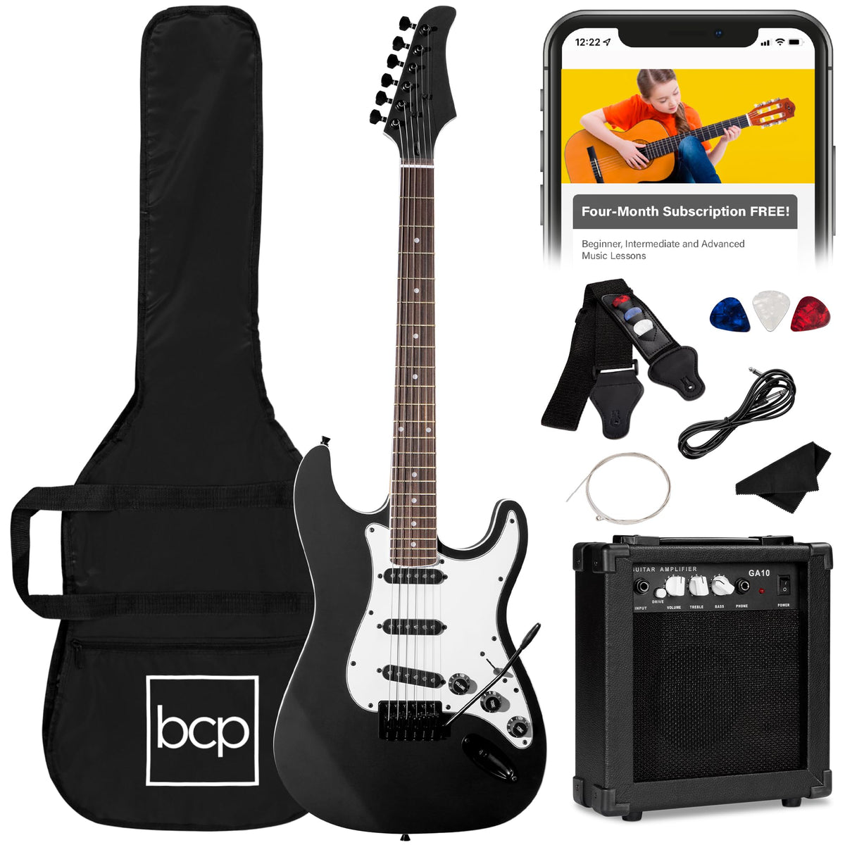 39in Full Size Beginner Electric Guitar Starter Kit with Case, Amp, Strings, Pick - Jet Black L360