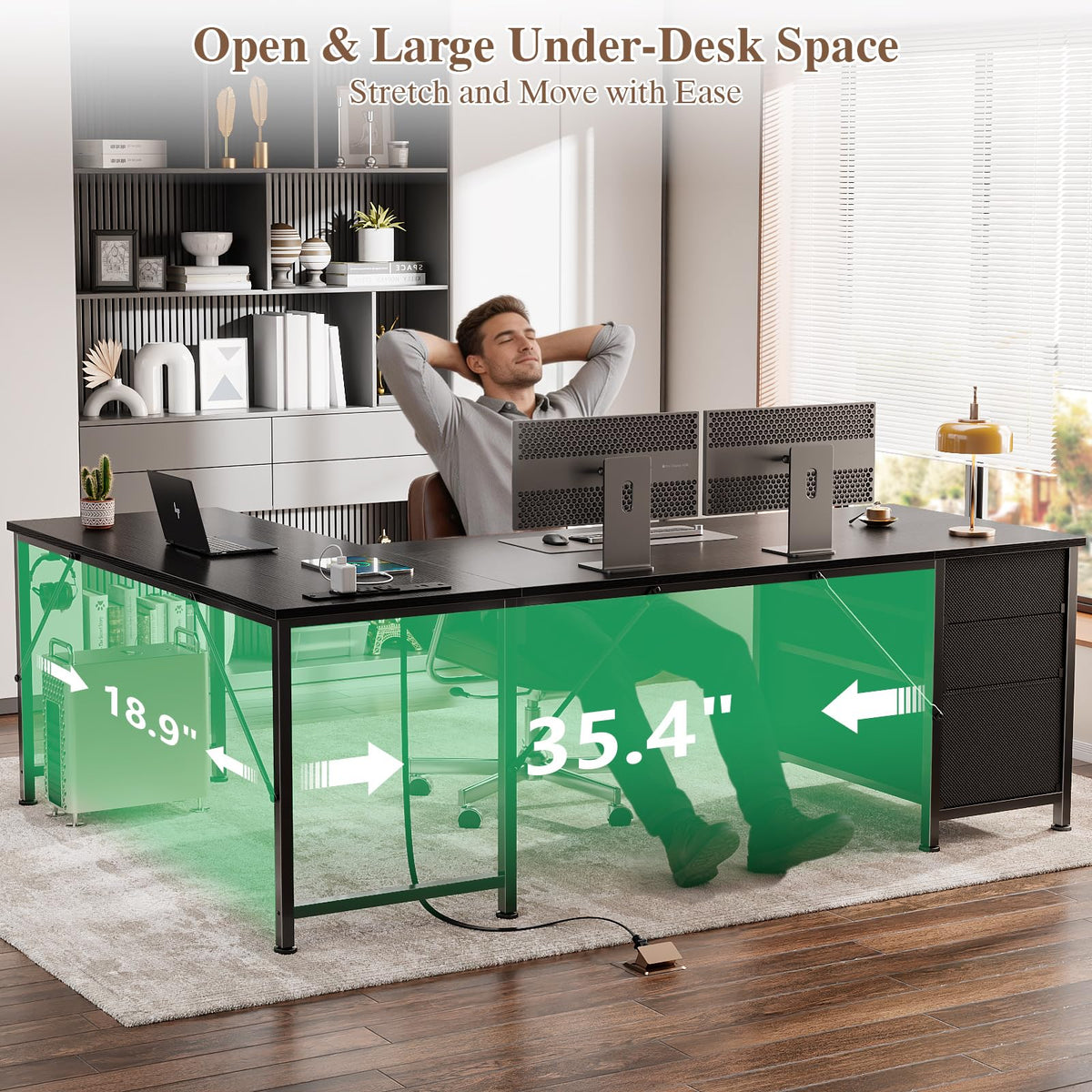 63" L Shaped Computer Desk with Outlets Black S8025
