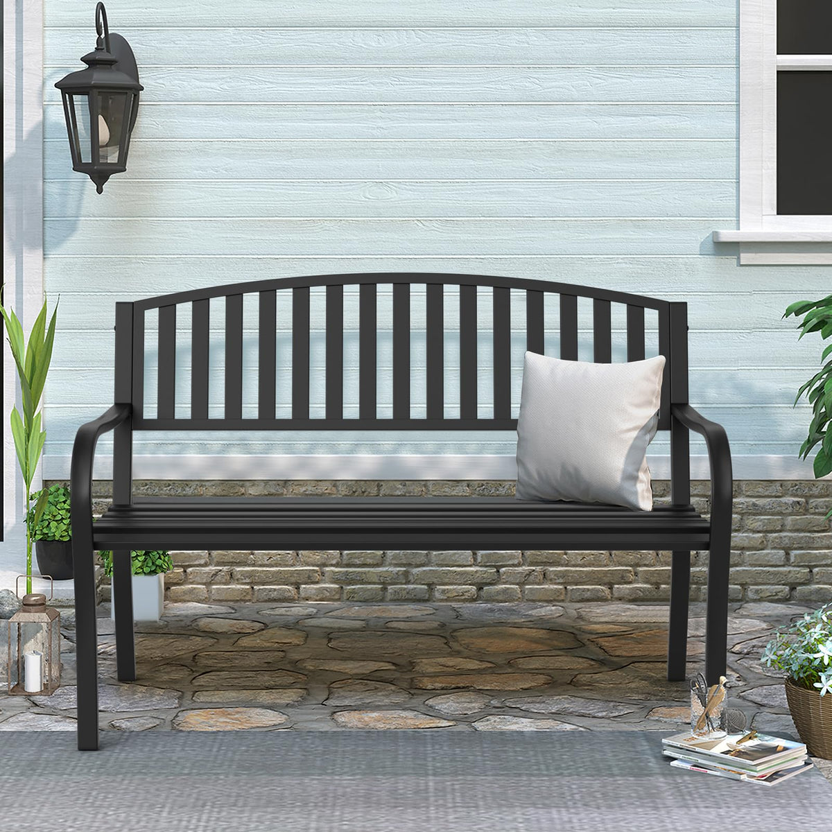 Weatherproof Heavy-Duty Wrought Iron Outdoor Bench Y753314
