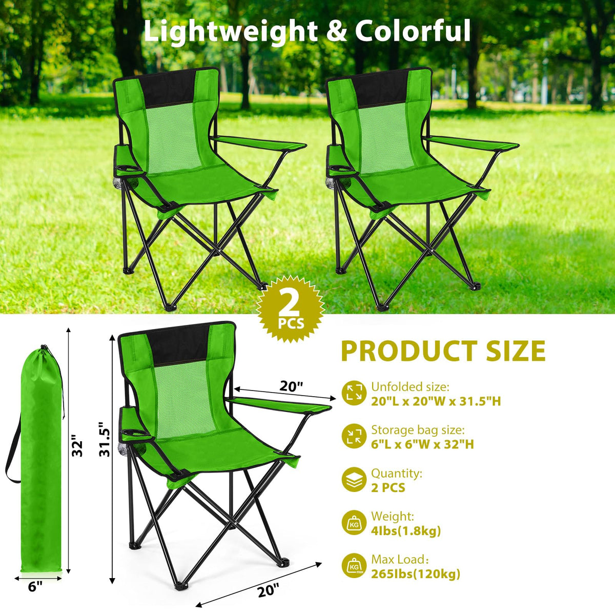 2 PCS Folding Camping Chair with Cupholder and Carry Bag R64489
