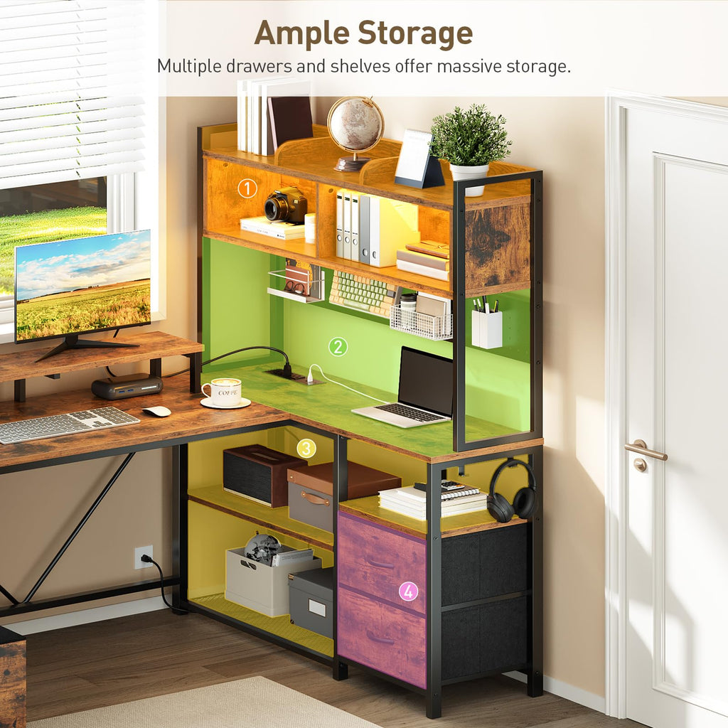 L Shaped Gaming Desk with Storage Drawers & Shelves E630