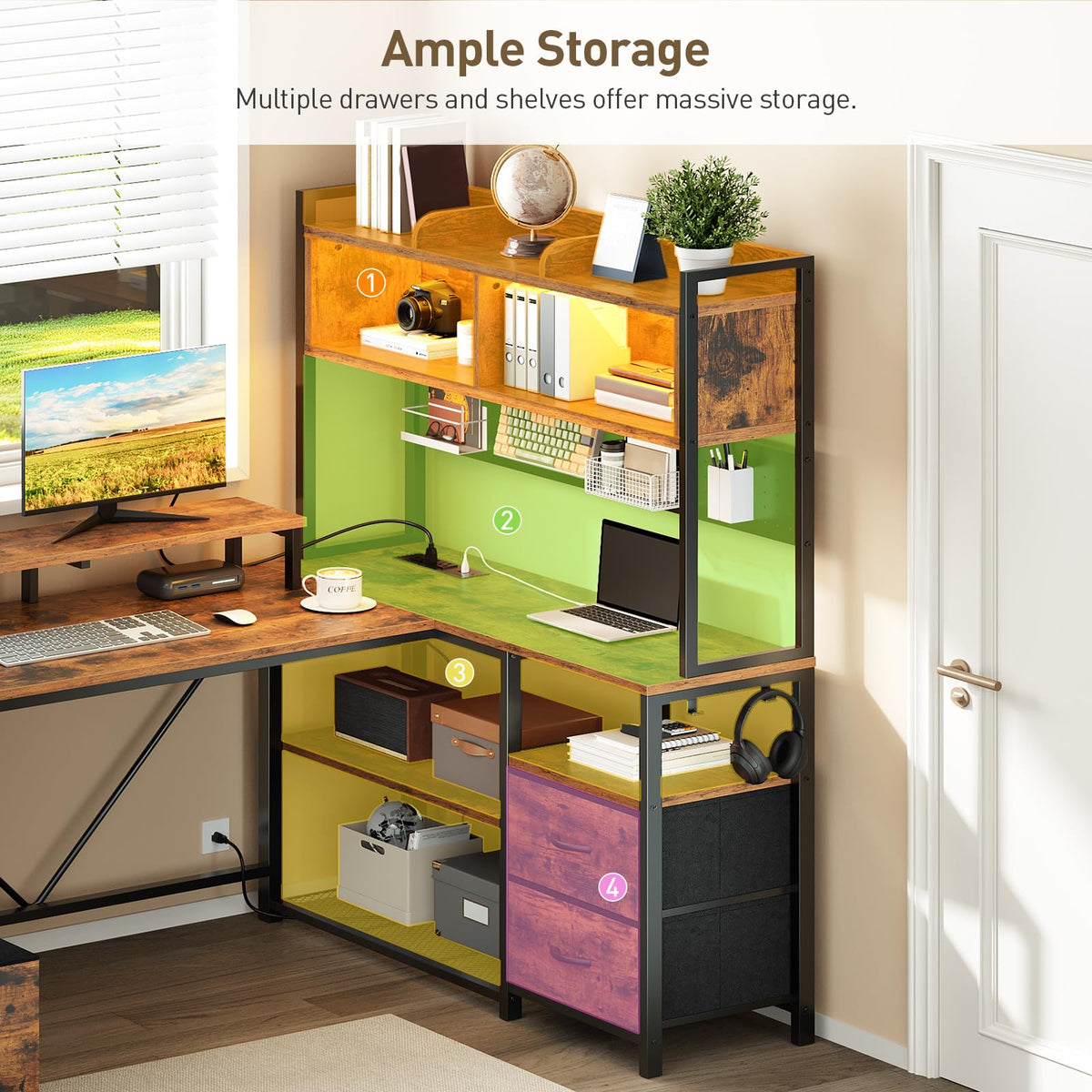 L Shaped Gaming Desk with Storage Drawers & Shelves E630