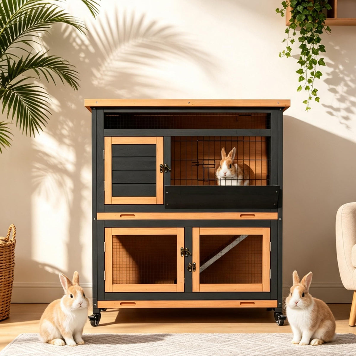 2-Tier Wooden Rabbit Hutch with Wheels G159