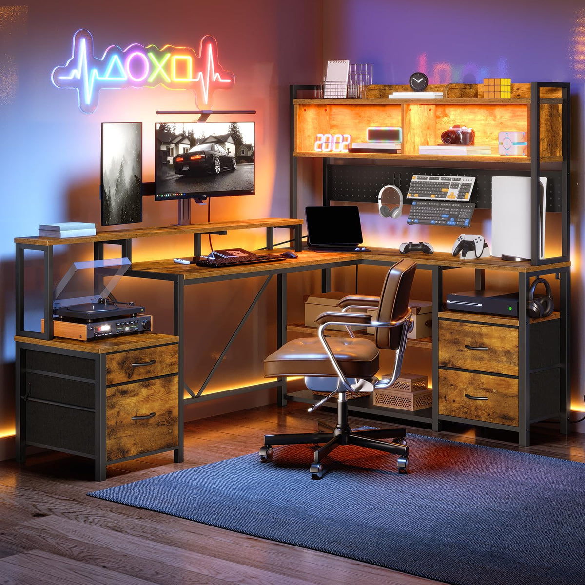 L Shaped Gaming Desk with Storage Drawers & Shelves E630
