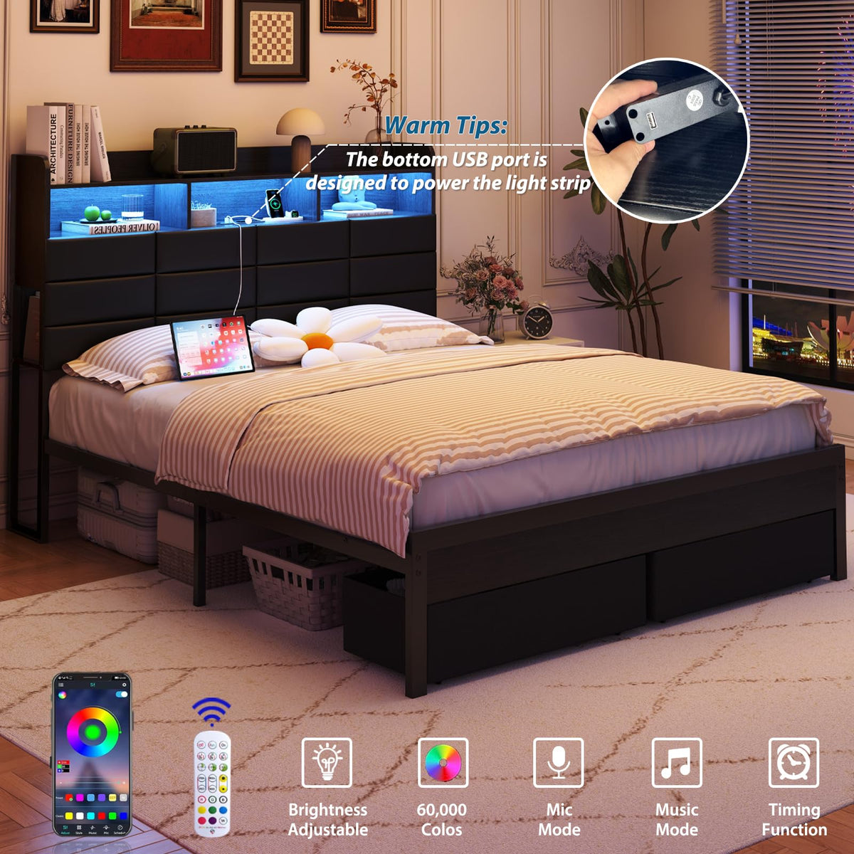 Black Upholstered Bed Frame with Storage Headboard, 4 Drawers, LED Lights, and Charging Station D792