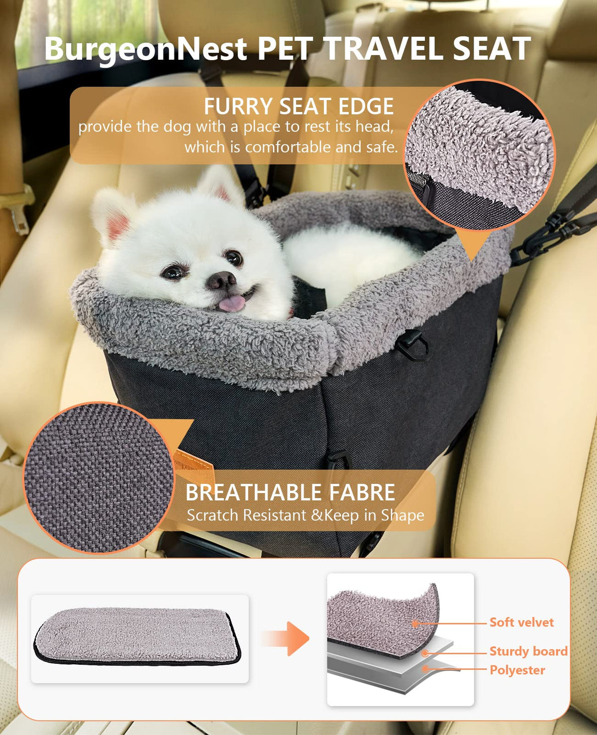 Center Console Dog Car Seat for Small Dogs up to 9 lbs, Grey H6506