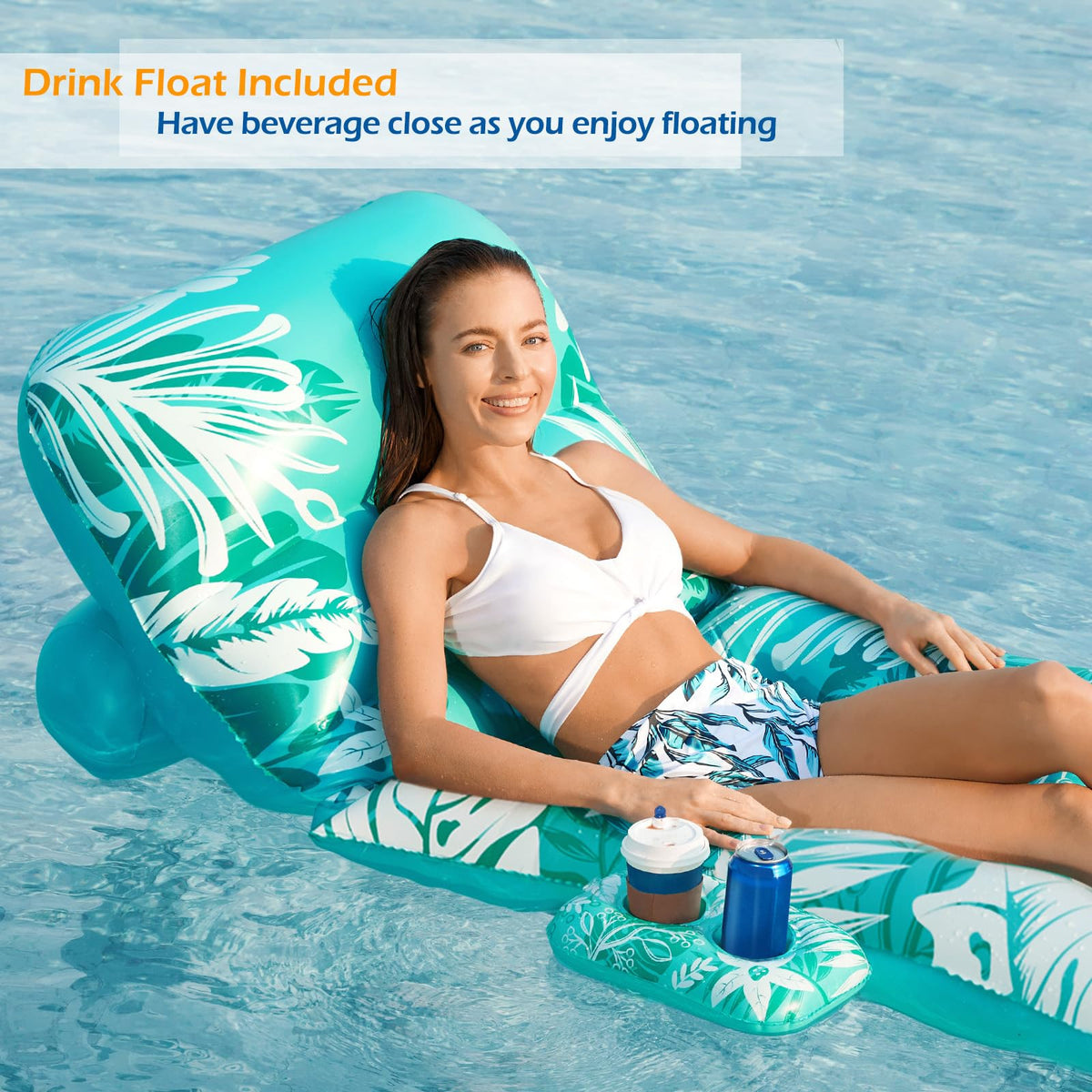 Inflatable Pool Float Lounger with Adjustable Backrest Cup Holders X668644