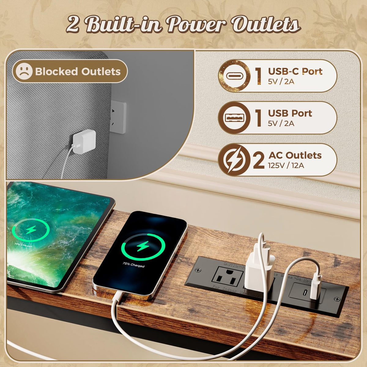 Narrow Sofa Table with 2 Power Outlets and USB-C Port N512