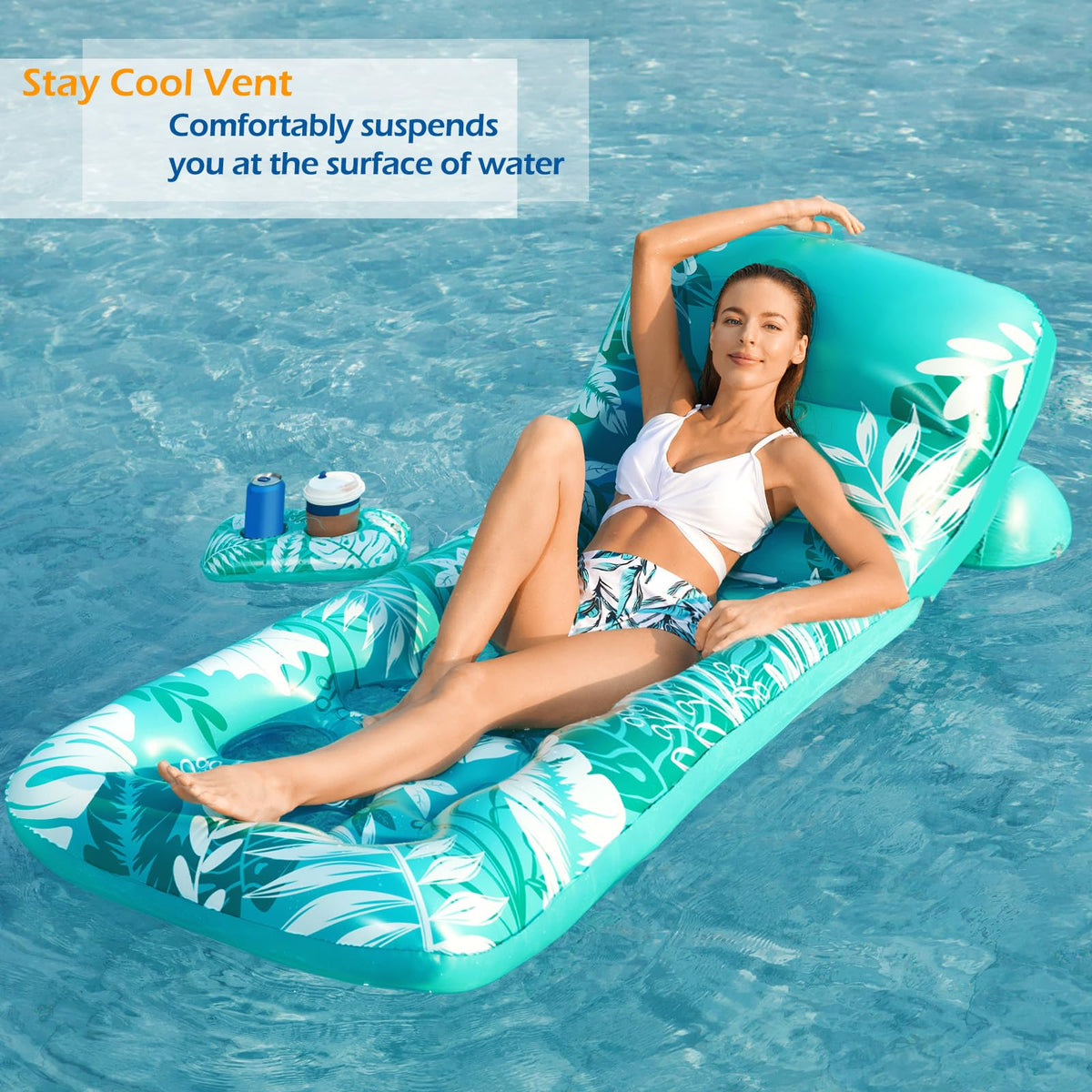 Inflatable Pool Float Lounger with Adjustable Backrest Cup Holders X668644