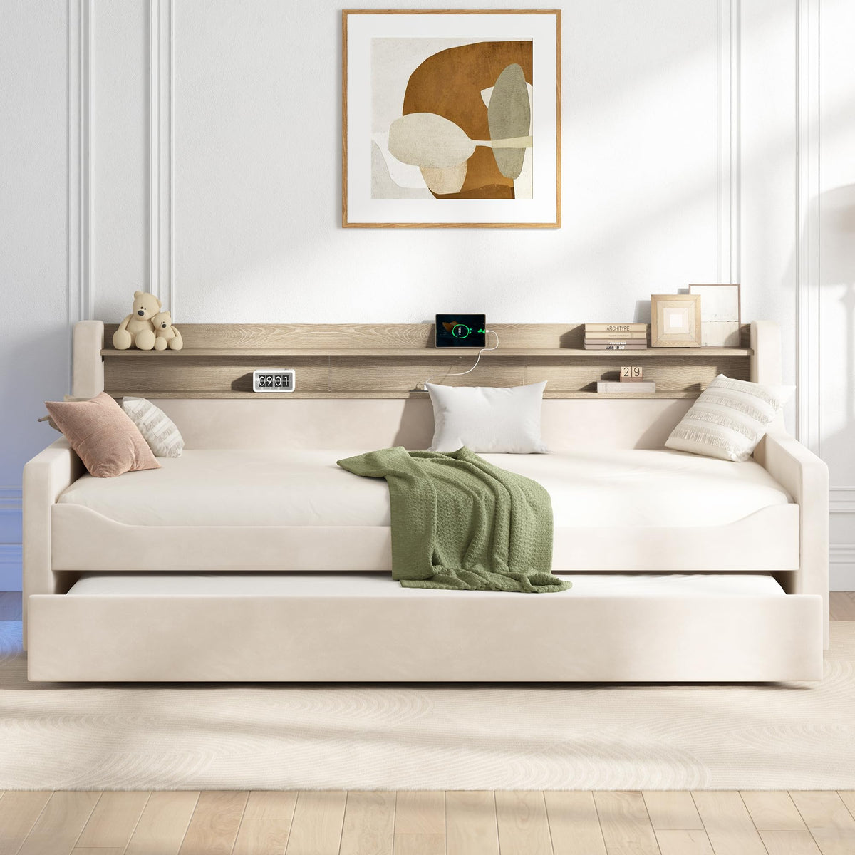 Twin Upholstered Daybed with Trundle and Storage Headboard X9470