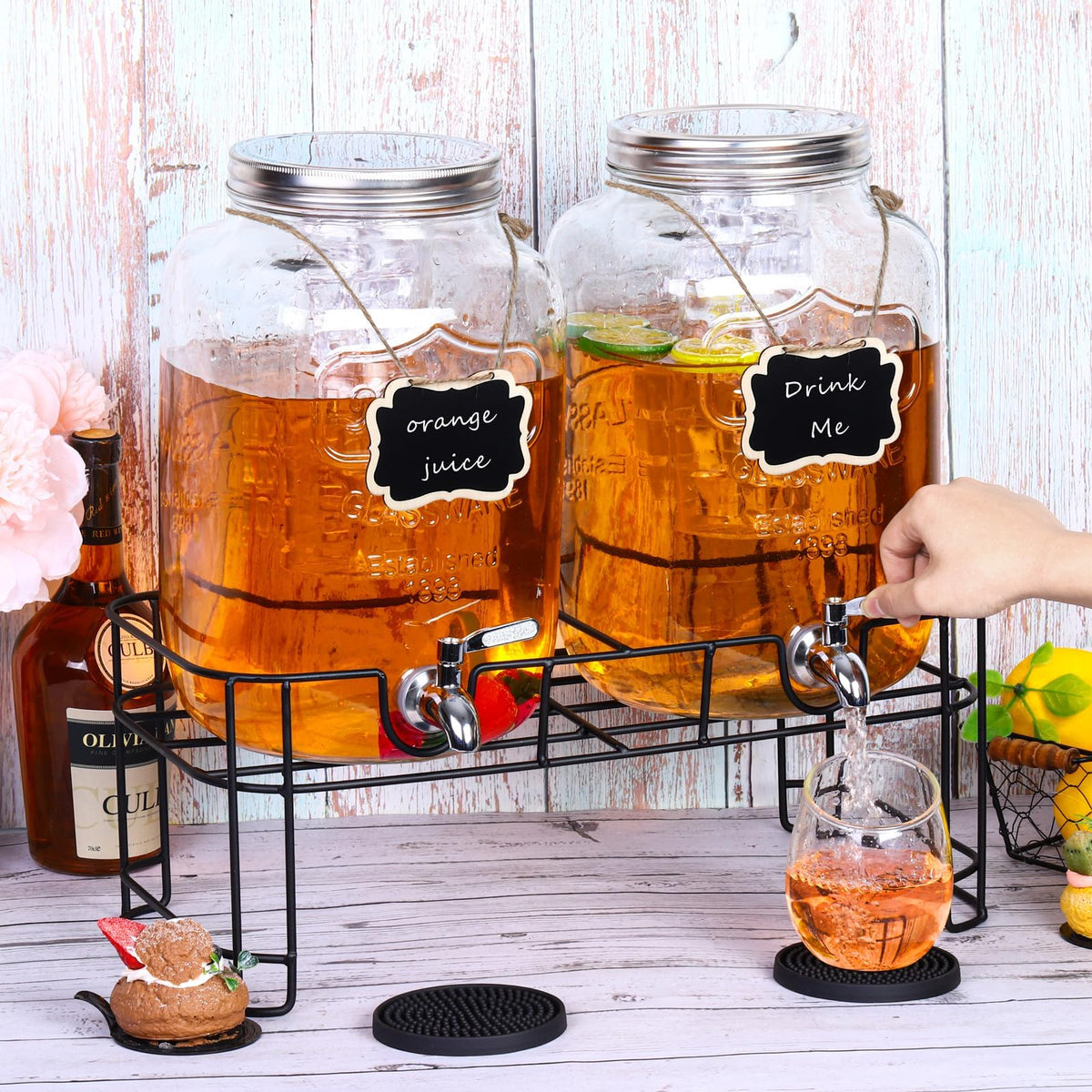 2 Pcs 2 Gallon Glass Beverage Dispenser with Stand Q837544