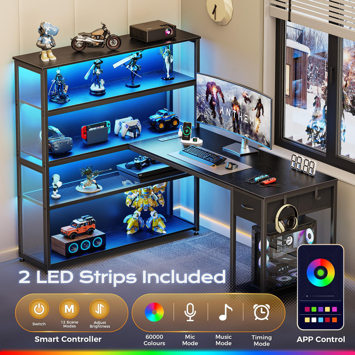 57 Inch L Shaped Gaming Computer Desk with Power Outlets A973062