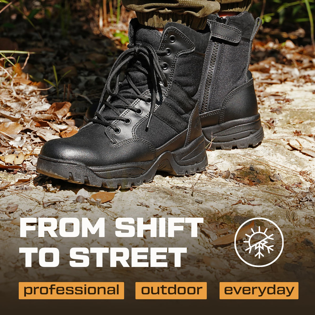 Men's Lightweight Leather Tactical Work Boots with Side Zipper J2630