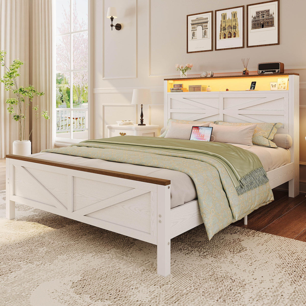 White Full Bed Frame with LED Lights & Charging Station K77745