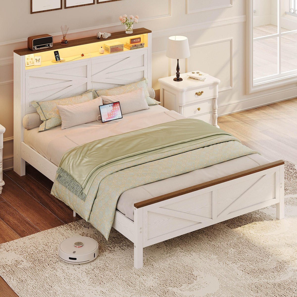 White Full Bed Frame with LED Lights & Charging Station K77745