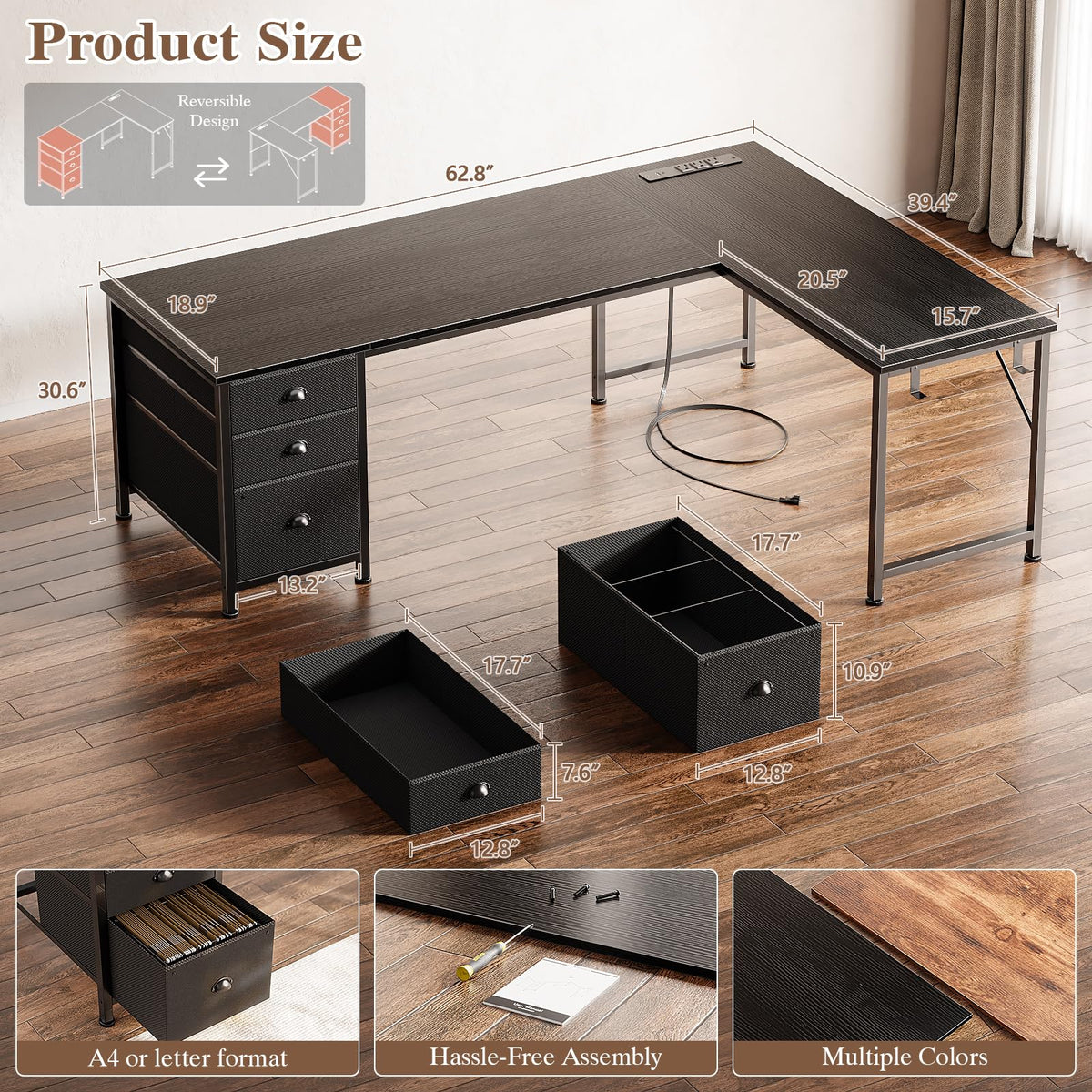 63" L Shaped Computer Desk with Outlets Black S8025