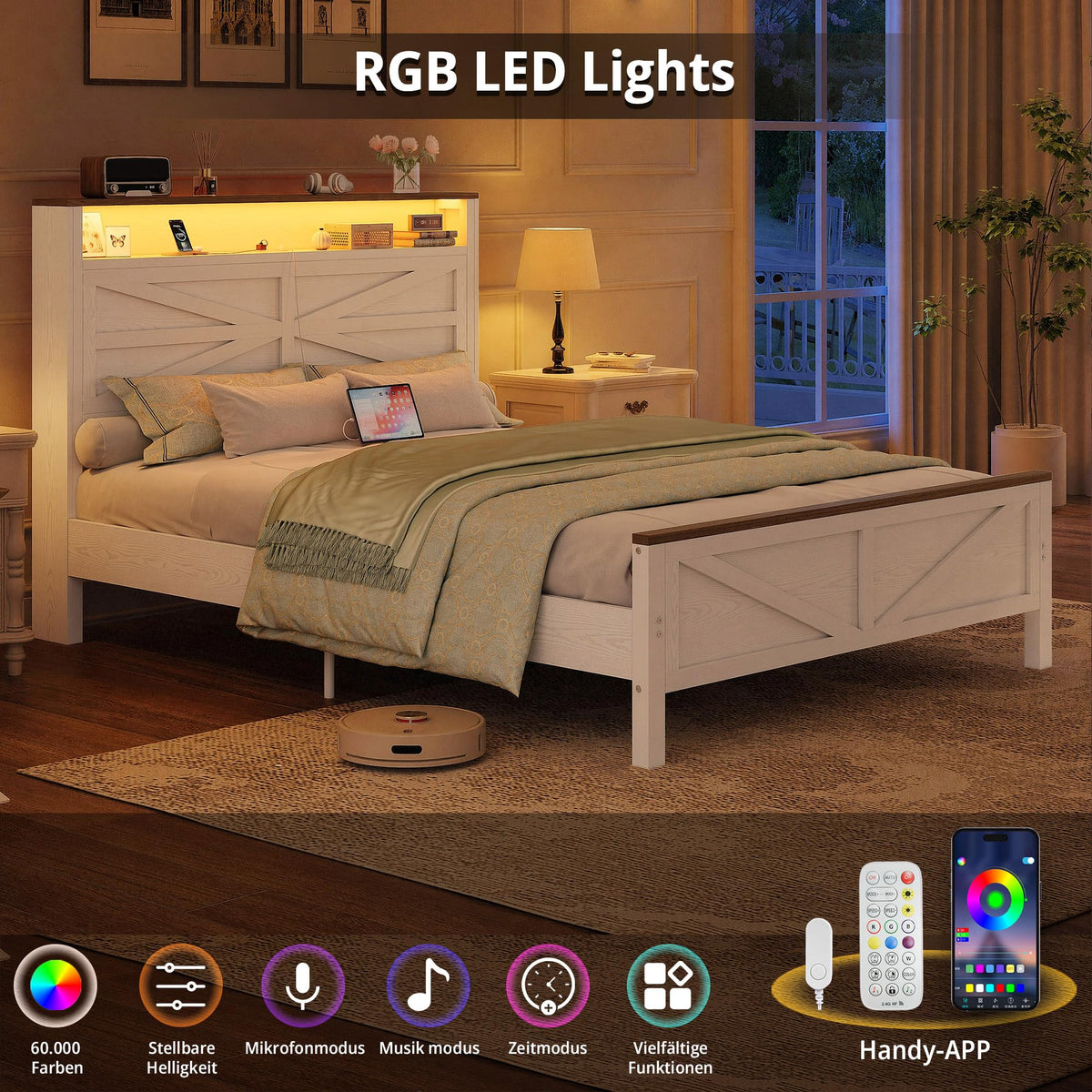 White Full Bed Frame with LED Lights & Charging Station K77745