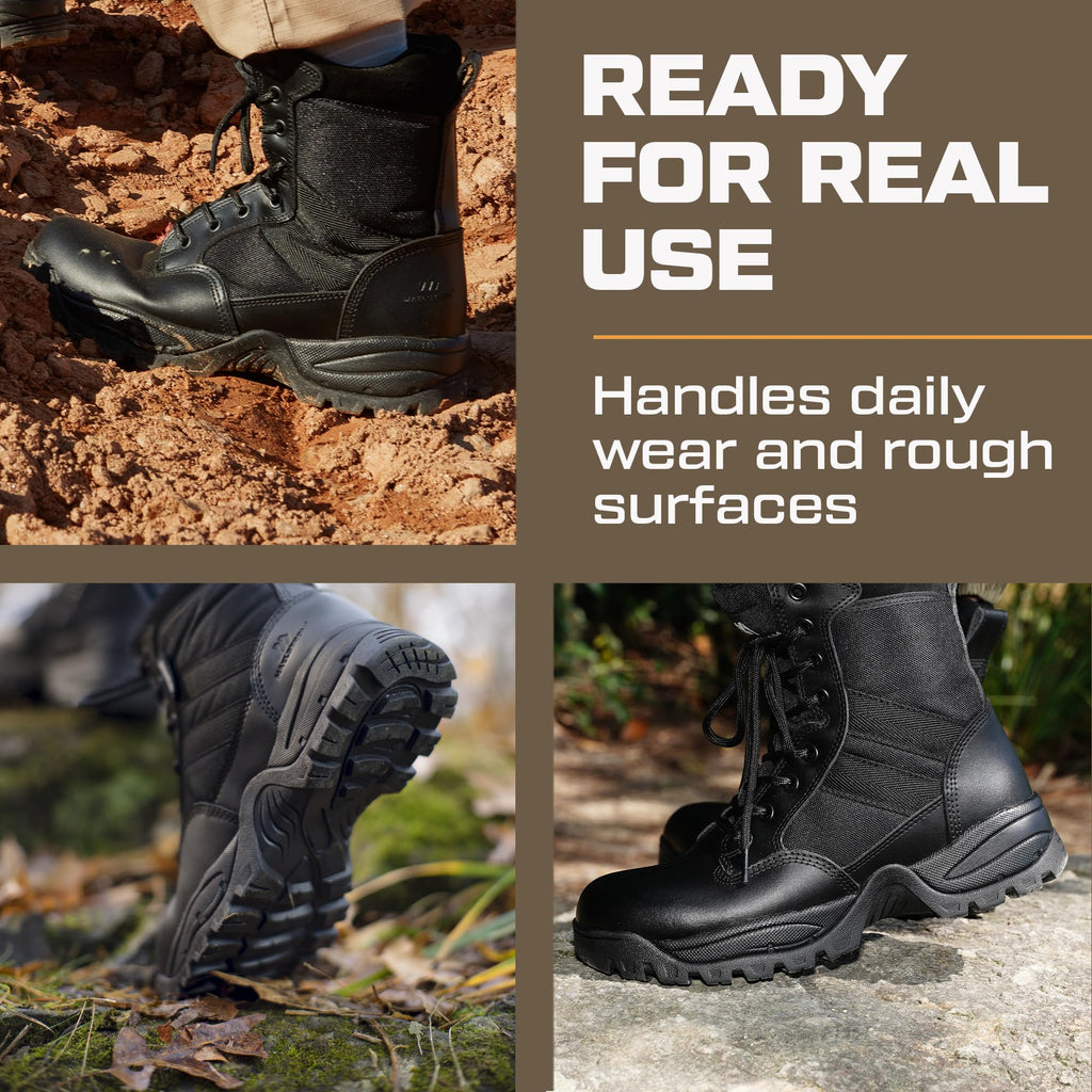 Men's Lightweight Leather Tactical Work Boots with Side Zipper J2630