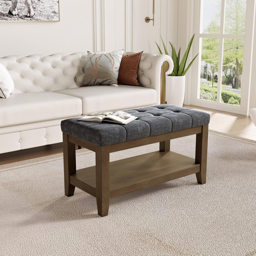 Dark Gray Rubber Wood Chenille Upholstered Shoe Bench C434